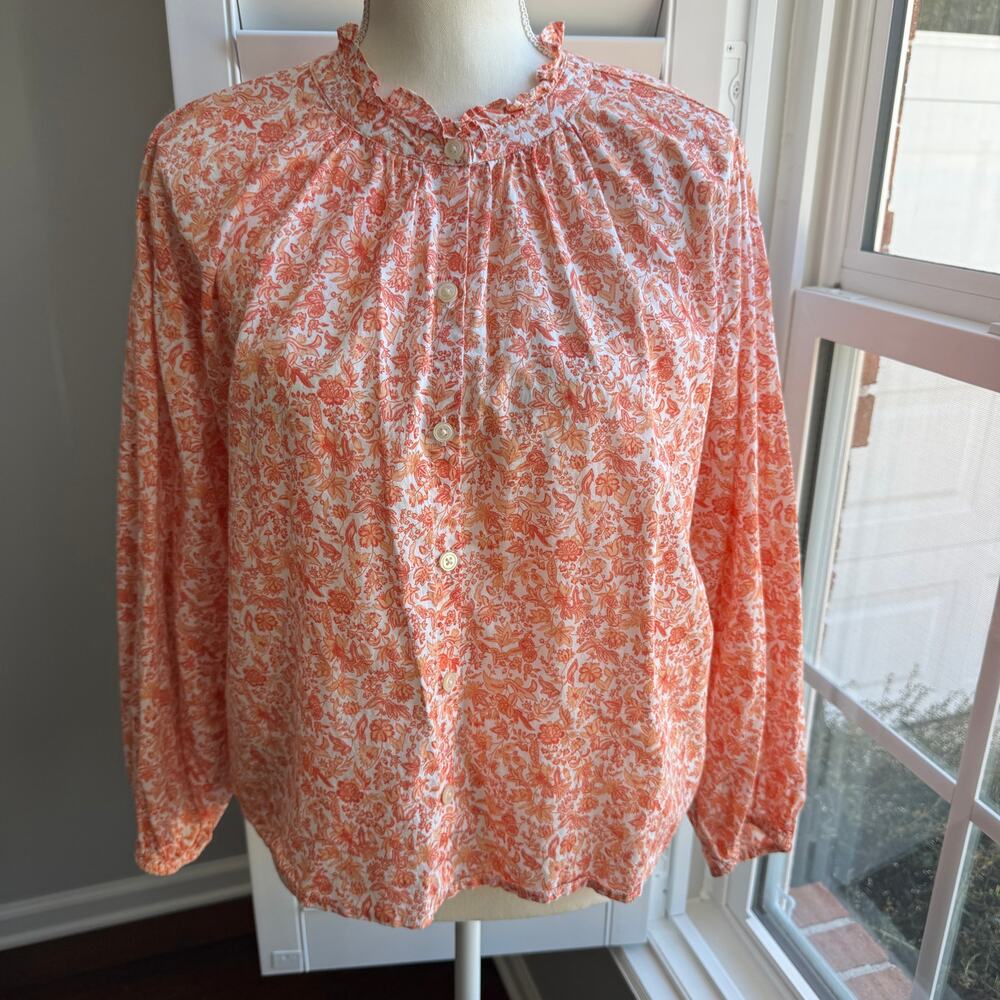 LOFT Peach Orange Floral Ruffle Neck Peasant Blouse Size Medium Petite - Picture 2 of 11